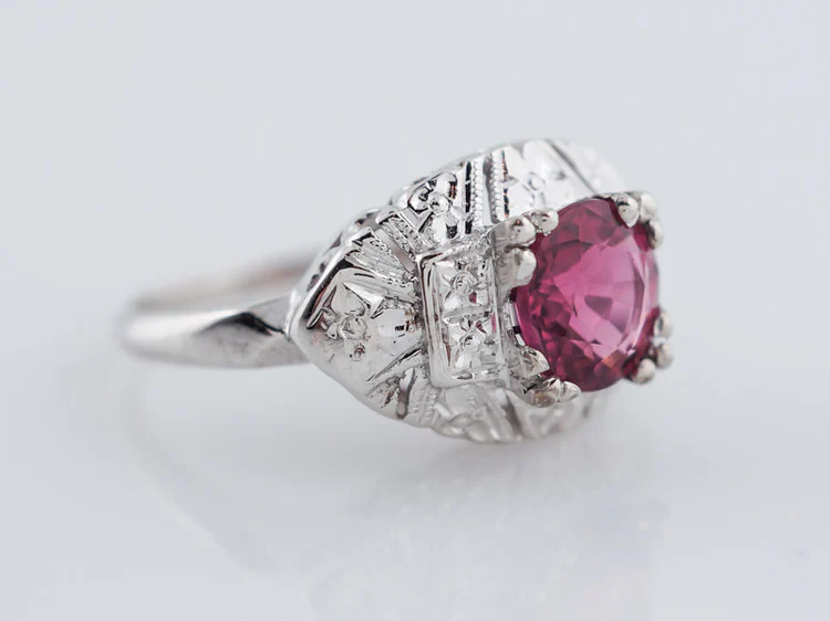 Antique Engagement Ring Art Deco 1.26 Round Cut Pink Tourmaline in 14k White Gold - Image 3