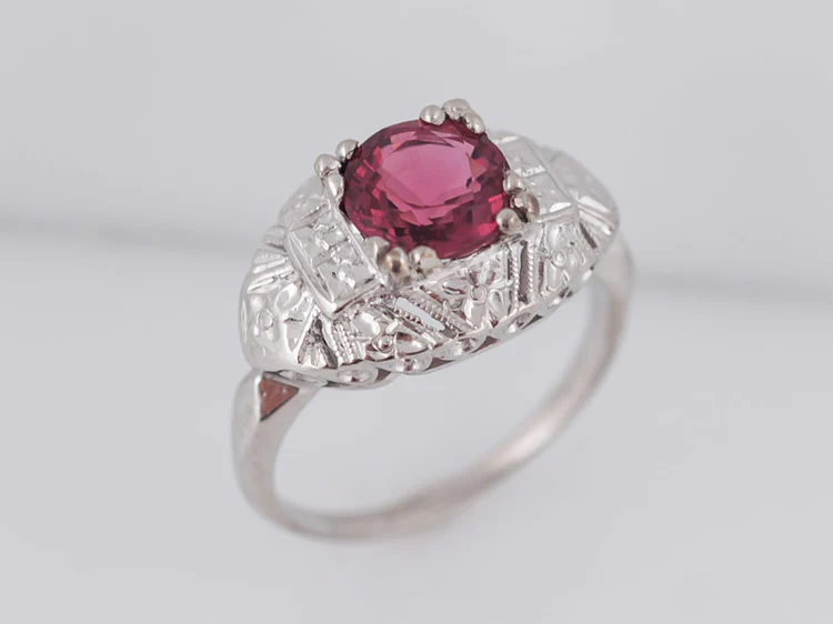 Antique Engagement Ring Art Deco 1.26 Round Cut Pink Tourmaline in 14k White Gold - Image 5