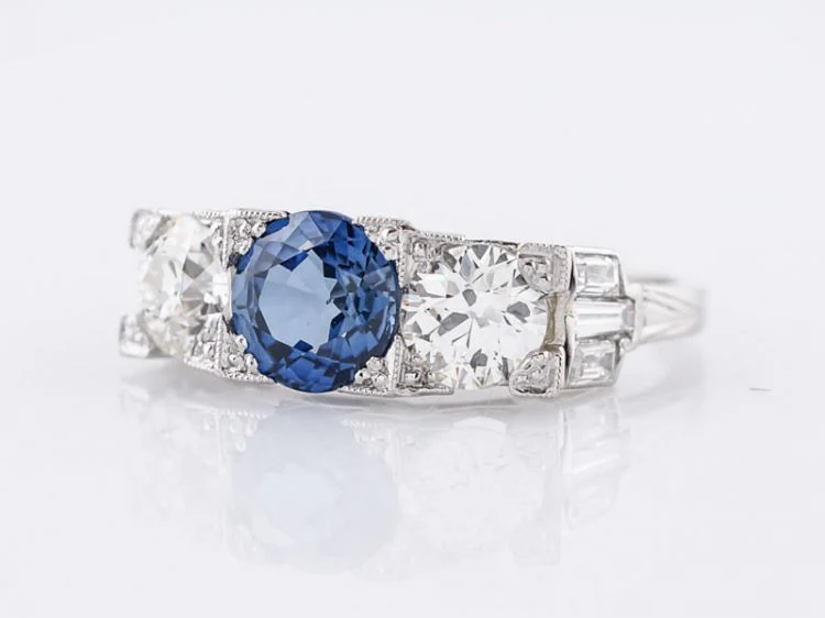 Antique Engagement Ring Art Deco 1.39 Round Cut Sapphire & 1.01 Old European Cut Diamonds in Platinum - Image 2