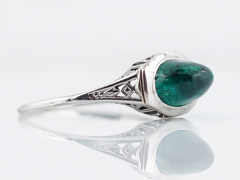 Antique Engagement Ring Art Deco 1.98 Cabochon Cut Emerald in 14k White Gold - Image 3