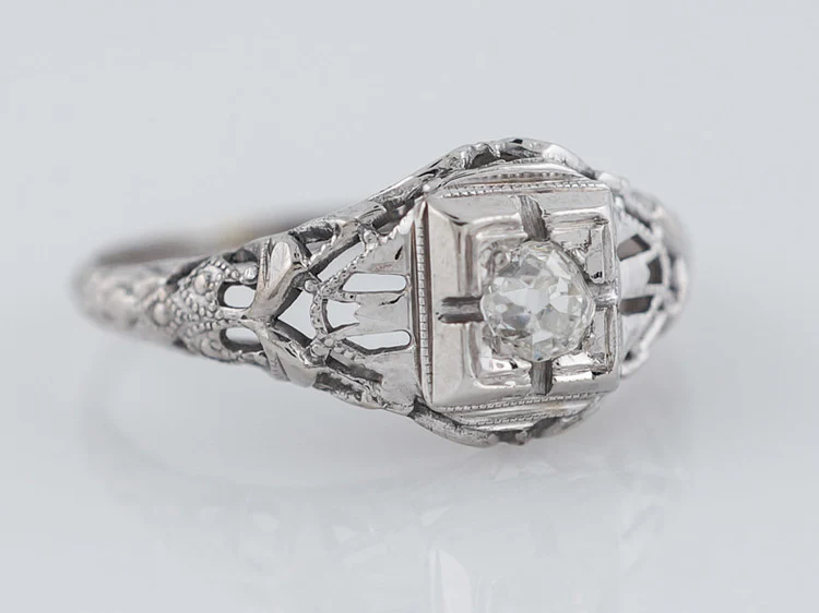Antique Engagement Ring Art Deco .18ct Old Mine Cut Diamond in Vintage 18k White Gold - Image 2