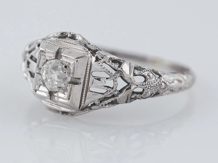 Antique Engagement Ring Art Deco .18ct Old Mine Cut Diamond in Vintage 18k White Gold - Image 3