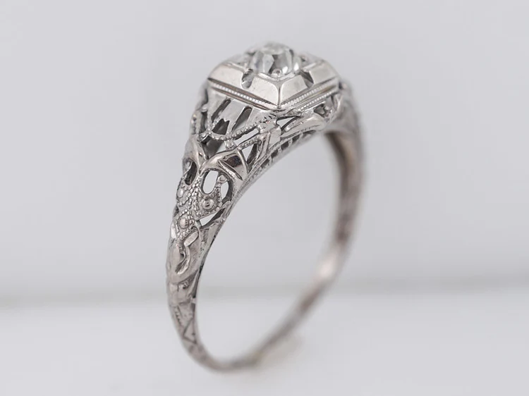 Antique Engagement Ring Art Deco .18ct Old Mine Cut Diamond in Vintage 18k White Gold - Image 4