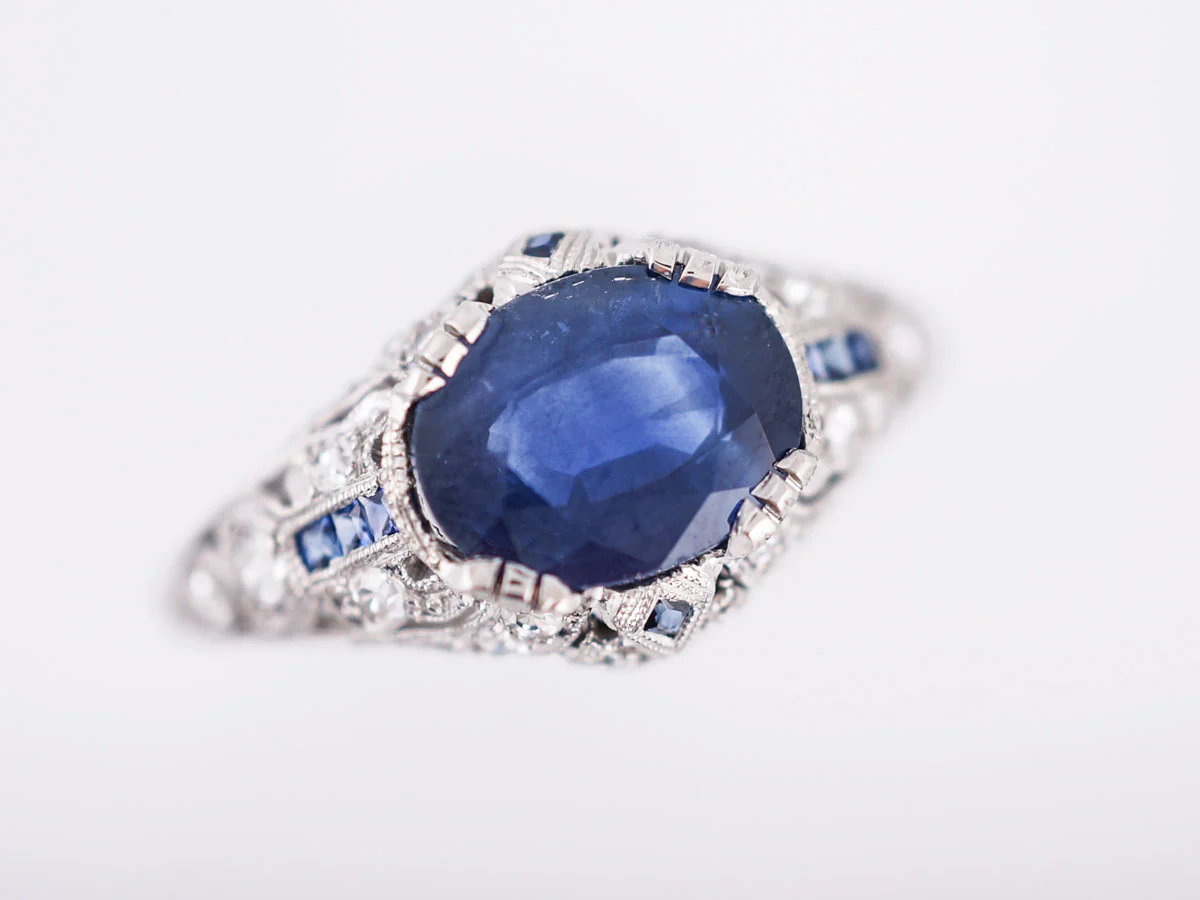 Antique Engagement Ring Art Deco 2.40 Oval Cut Sapphire in Platinum - Image 3