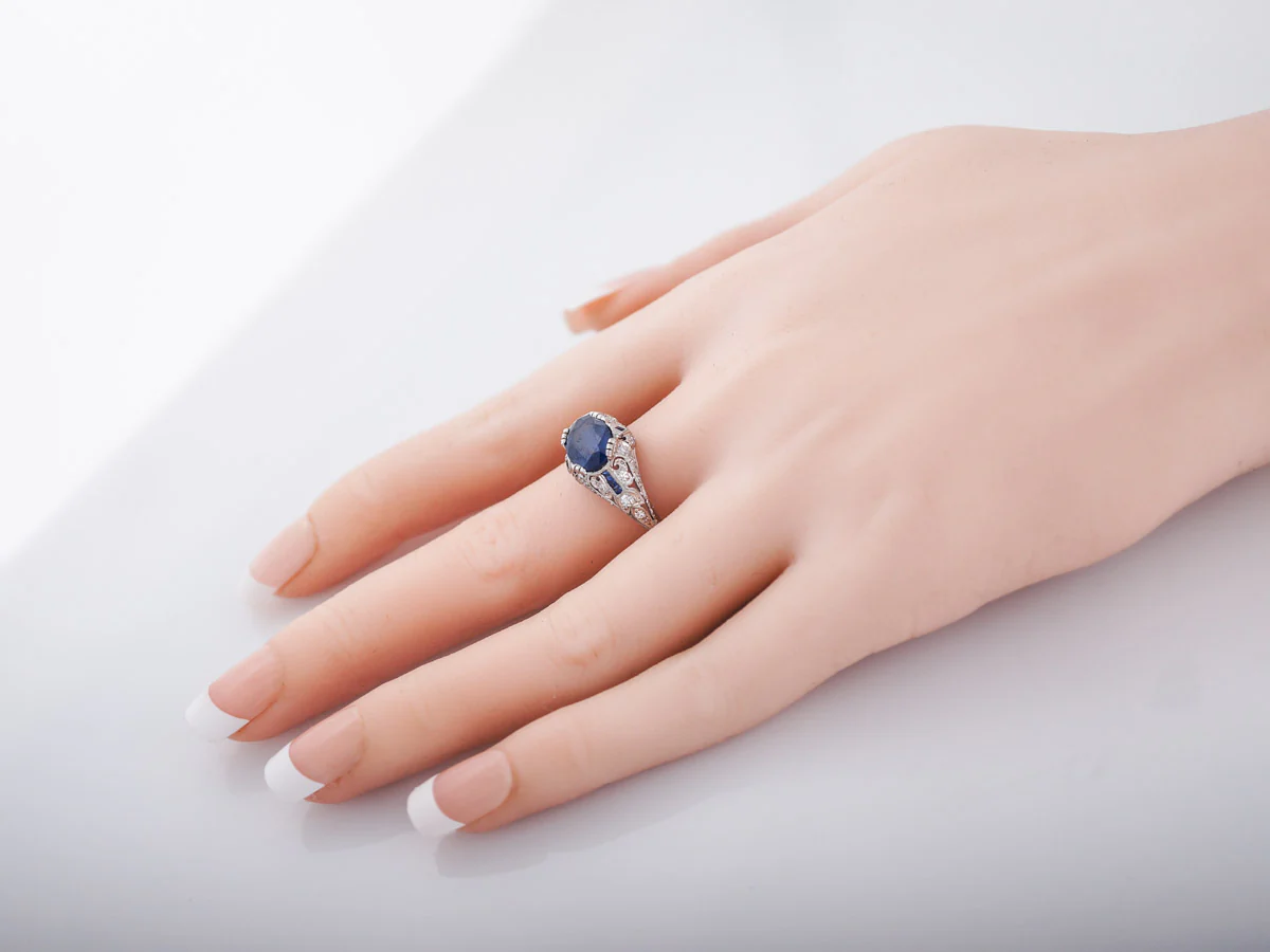 Antique Engagement Ring Art Deco 2.40 Oval Cut Sapphire in Platinum - Image 7