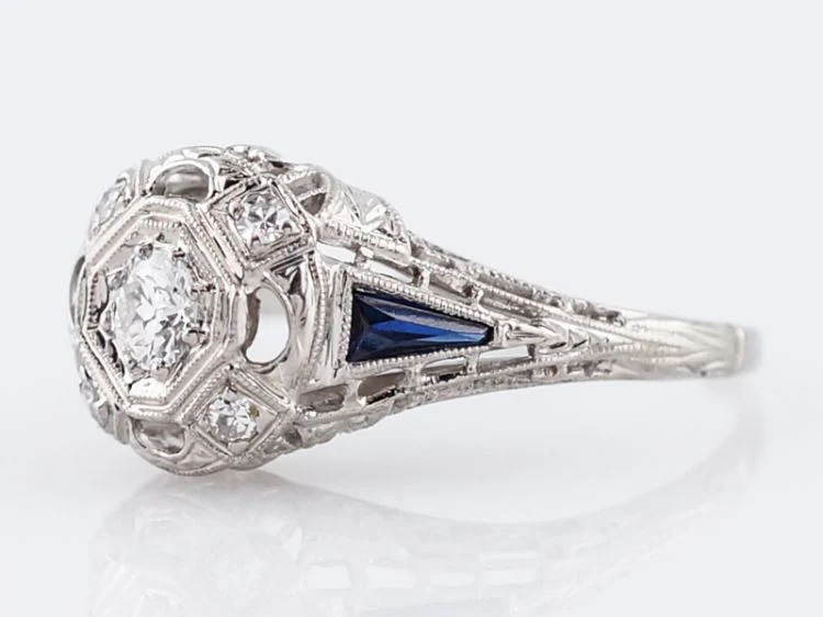 Antique Engagement Ring Art Deco .20 Transitional Cut Diamond in 18k White Gold - Image 3