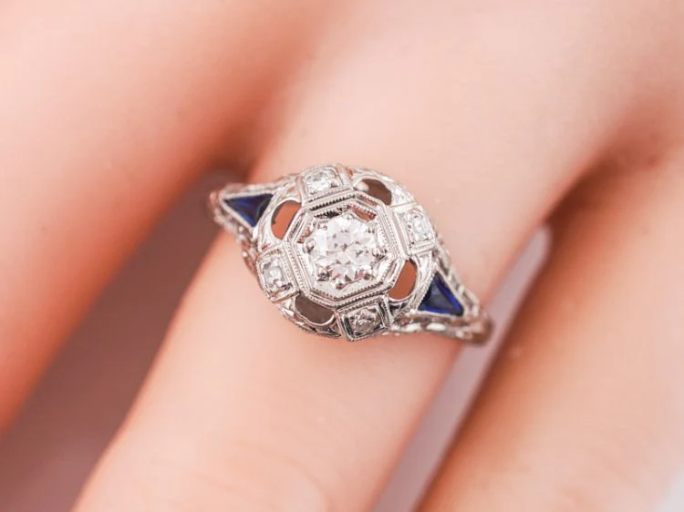 Antique Engagement Ring Art Deco .20 Transitional Cut Diamond in 18k White Gold - Image 8