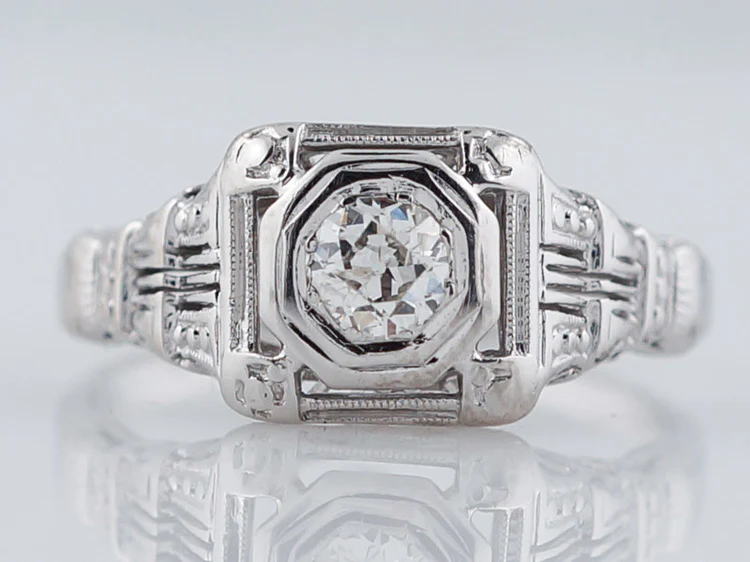 Antique Engagement Ring Art Deco .22ct Old European Cut Diamond in 18k White Gold