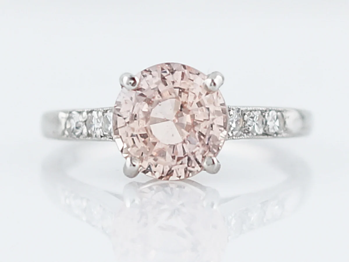 Antique Engagement Ring Art Deco 3.01 Round Cut Peach Sapphire in Platinum
