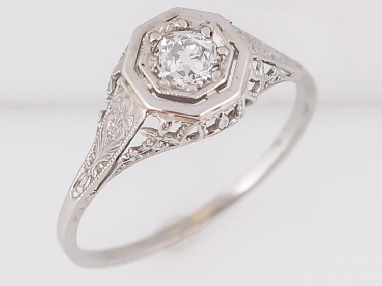 Antique Engagement Ring Art Deco .30 Old European Cut Diamond in 18k White Gold - Image 4