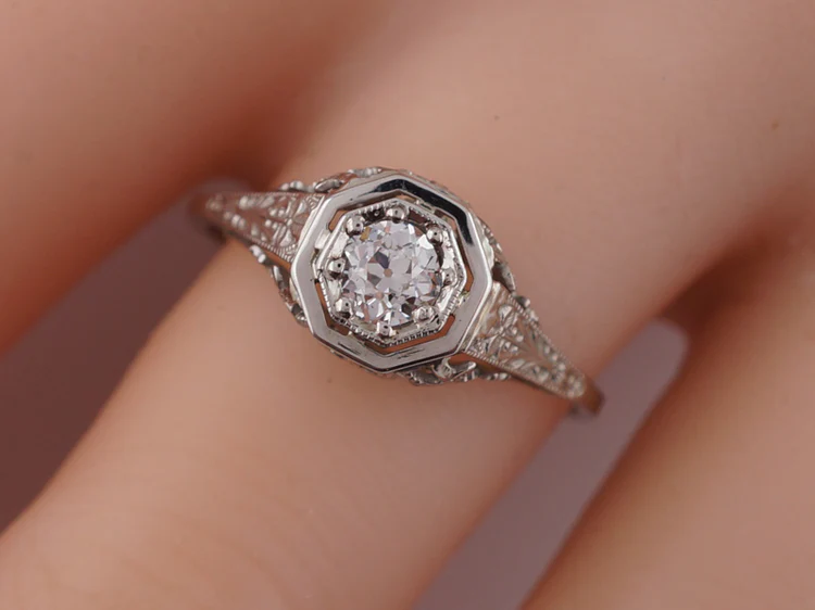 Antique Engagement Ring Art Deco .30 Old European Cut Diamond in 18k White Gold - Image 8