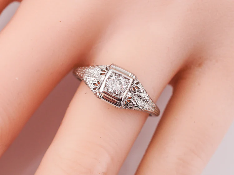 Antique Engagement Ring Art Deco .30 Old European Cut Diamond in 18k White Gold - Image 8