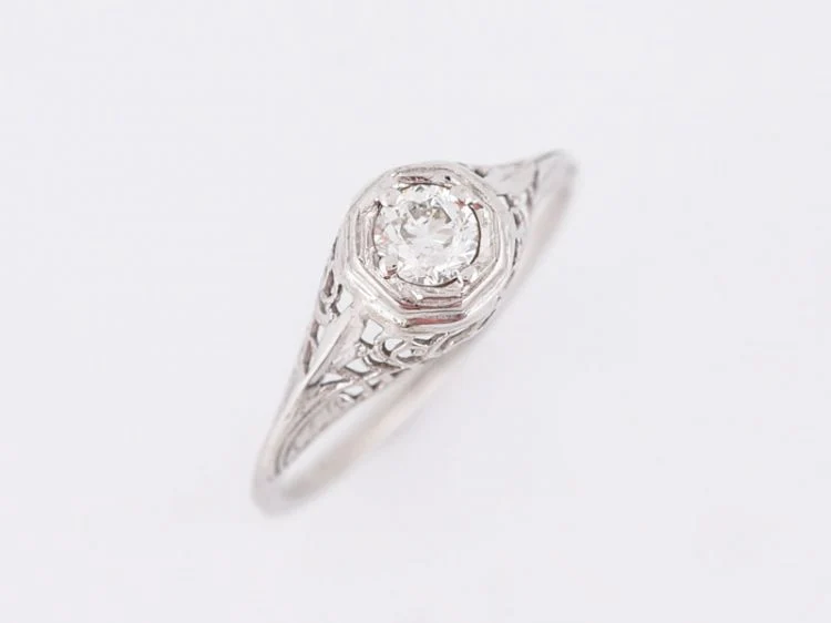 Antique Engagement Ring Art Deco .35 Old European Cut Diamond in 18k White Gold - Image 4