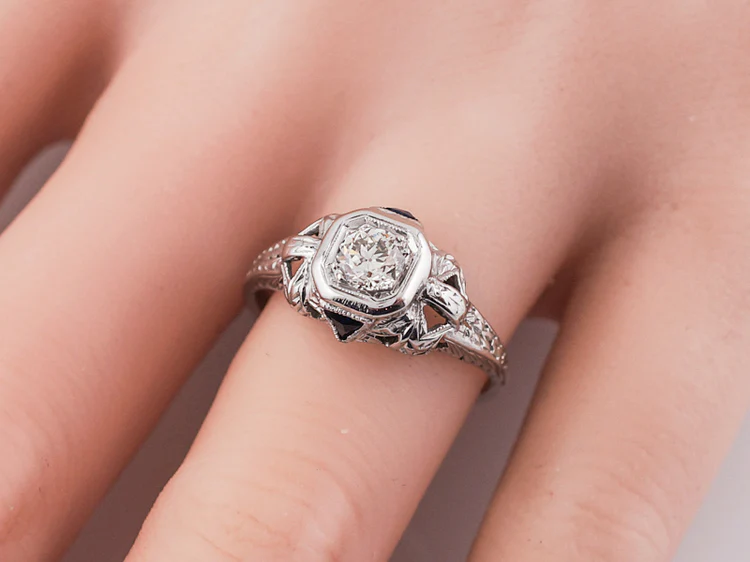 Antique Engagement Ring Art Deco .36 Old European Cut Diamond in 18k White Gold - Image 8