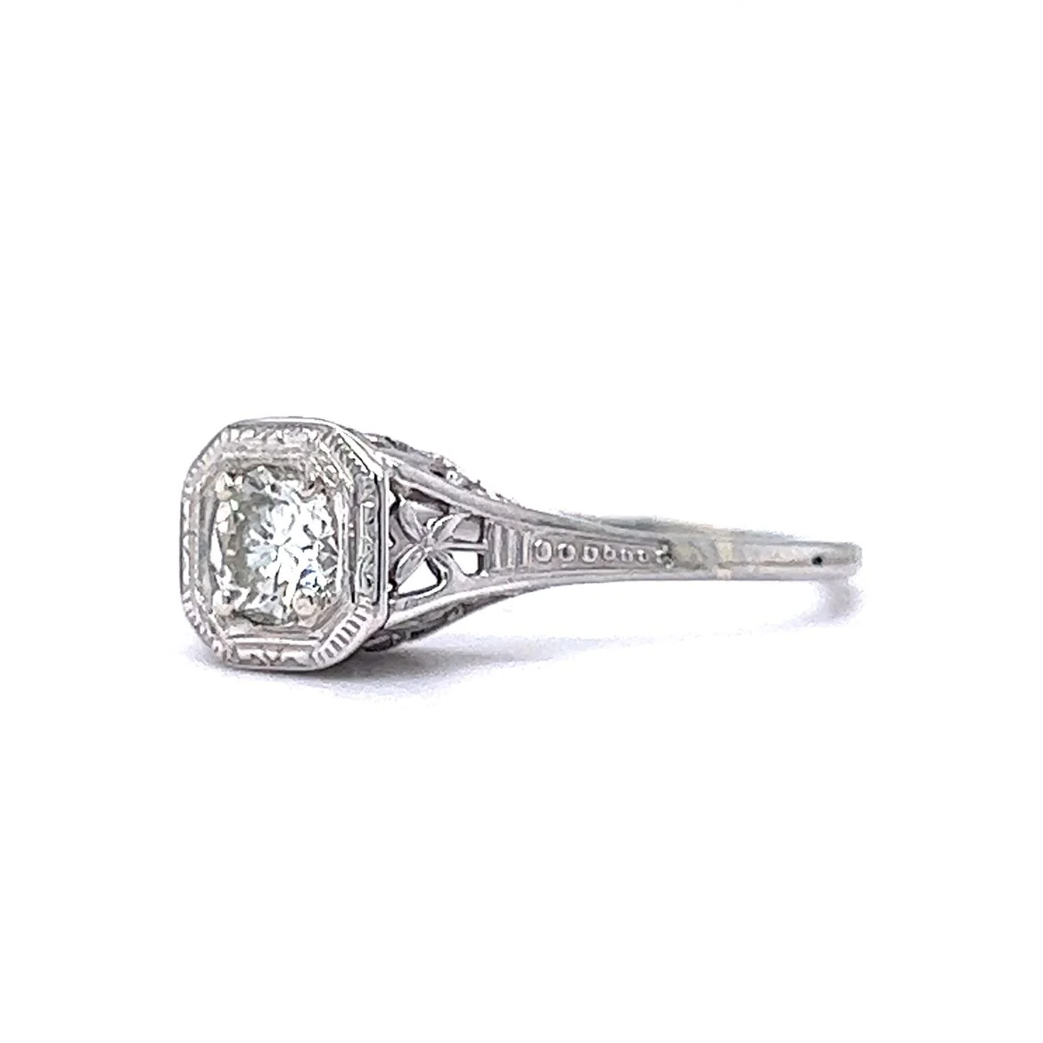 Engagement Ring Art Deco .44 Old European Cut Diamond 18K White Gold - Image 2