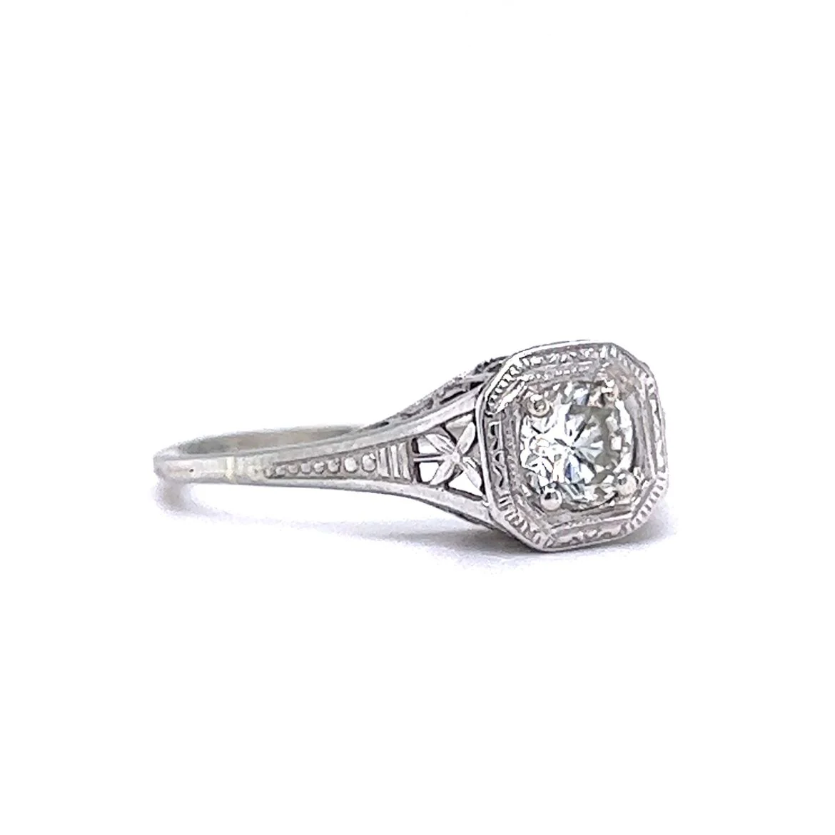 Engagement Ring Art Deco .44 Old European Cut Diamond 18K White Gold - Image 3