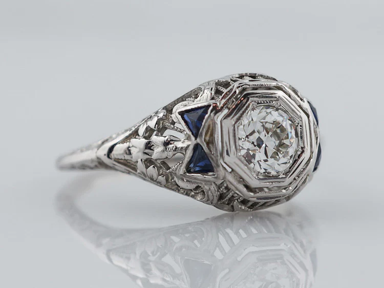 Antique Engagement Ring Art Deco .45ct Old European Cut Diamond in 18k White Gold - Image 2