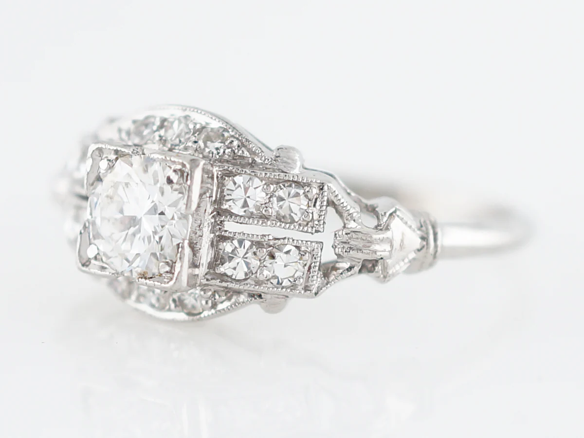 Antique Engagement Ring Art Deco .47 Round Brilliant Cut Diamond in Platinum - Image 2