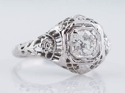 Antique Engagement Ring Art Deco .50 ct Round Brilliant Diamond in 18k White Gold - Image 3