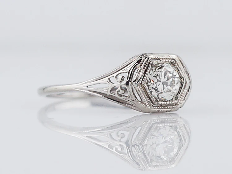 Antique Engagement Ring Art Deco .54 Old European Cut Diamond in 18k White Gold - Image 2