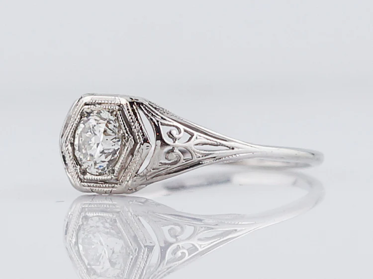 Antique Engagement Ring Art Deco .54 Old European Cut Diamond in 18k White Gold - Image 3