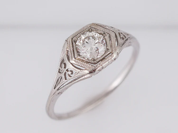 Antique Engagement Ring Art Deco .54 Old European Cut Diamond in 18k White Gold - Image 4