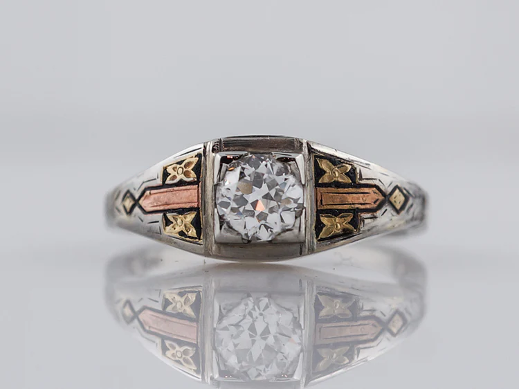 Antique Engagement Ring Art Deco .58ct Old European Cut Diamond in 18k Yellow, White & Rose Gold
