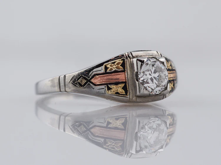 Antique Engagement Ring Art Deco .58ct Old European Cut Diamond in 18k Yellow, White & Rose Gold - Image 2