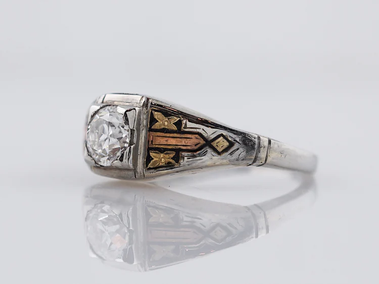 Antique Engagement Ring Art Deco .58ct Old European Cut Diamond in 18k Yellow, White & Rose Gold - Image 3
