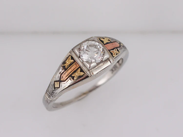 Antique Engagement Ring Art Deco .58ct Old European Cut Diamond in 18k Yellow, White & Rose Gold - Image 4