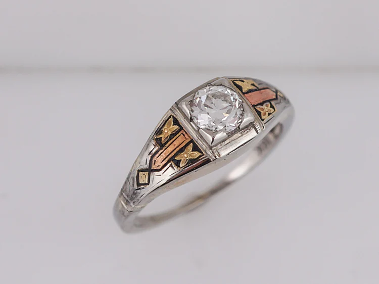 Antique Engagement Ring Art Deco .58ct Old European Cut Diamond in 18k Yellow, White & Rose Gold - Image 5