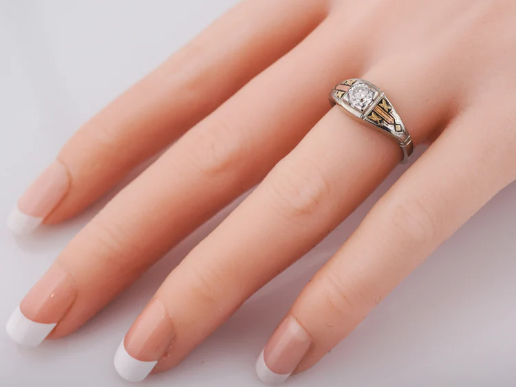 Antique Engagement Ring Art Deco .58ct Old European Cut Diamond in 18k Yellow, White & Rose Gold - Image 7