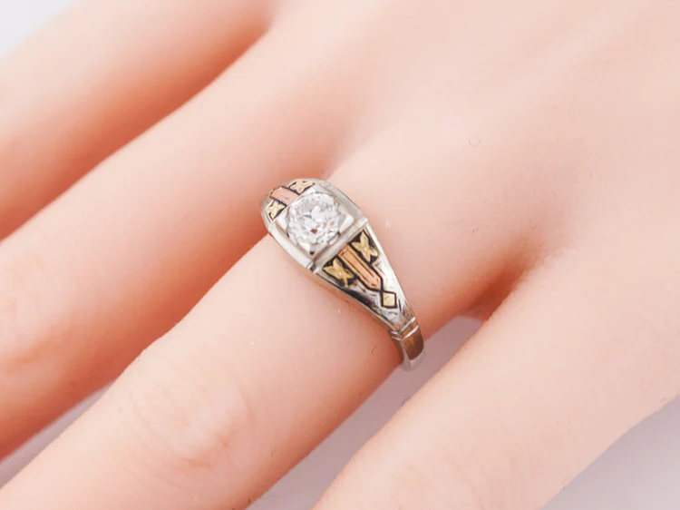 Antique Engagement Ring Art Deco .58ct Old European Cut Diamond in 18k Yellow, White & Rose Gold - Image 9