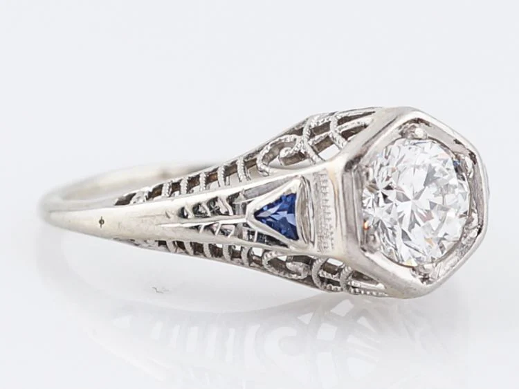 Antique Engagement Ring Art Deco .62 Round Brilliant Cut Diamond in 18k White Gold - Image 2