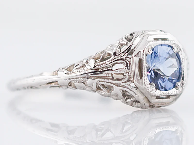 Antique Engagement Ring Art Deco .69 Round Brilliant Cut Sapphire in 14k White Gold - Image 2