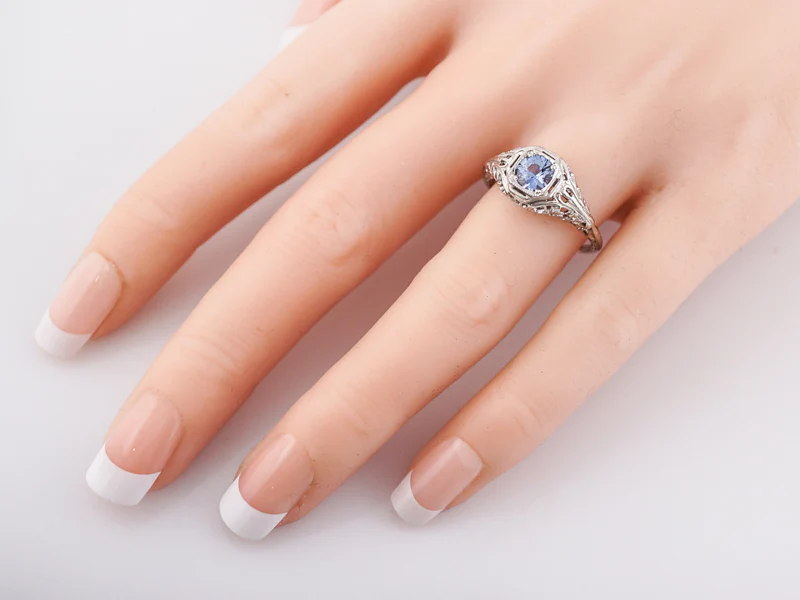 Antique Engagement Ring Art Deco .69 Round Brilliant Cut Sapphire in 14k White Gold - Image 6
