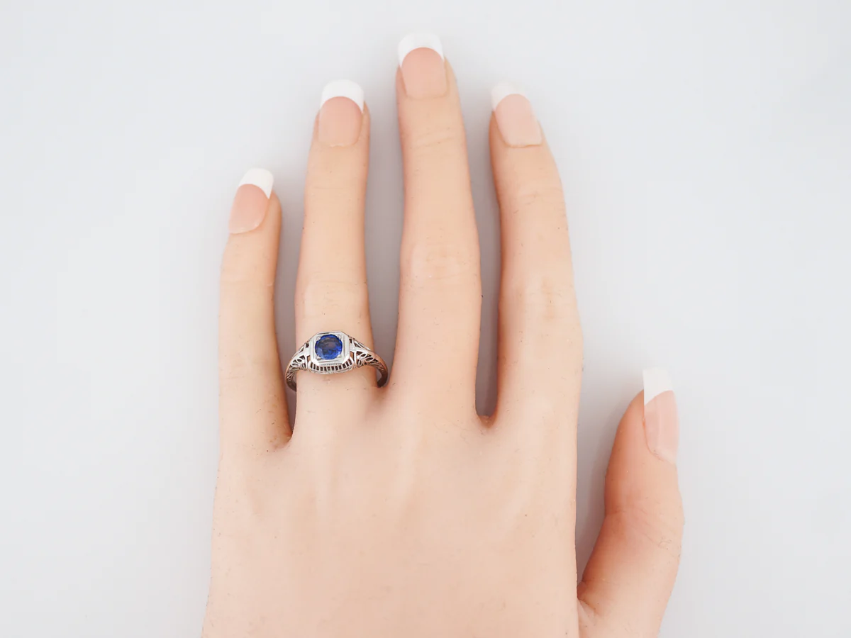 Antique Engagement Ring Art Deco .70 Round Cut Sapphire in 18K White Gold - Image 6