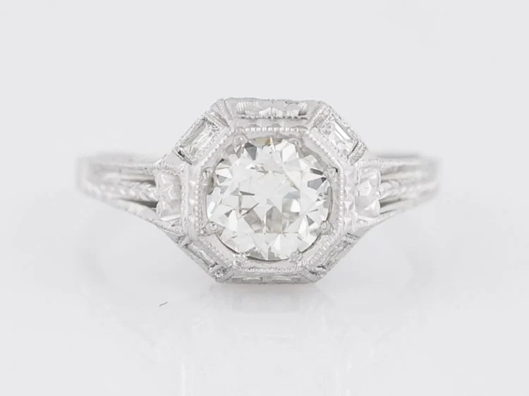 Antique Engagement Ring Art Deco .80 Old European Cut Diamond in 18k White Gold