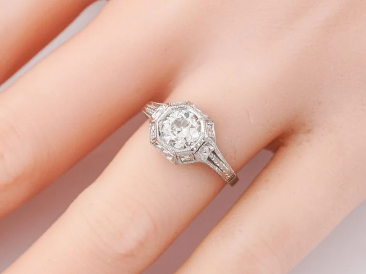 Antique Engagement Ring Art Deco .80 Old European Cut Diamond in 18k White Gold - Image 7