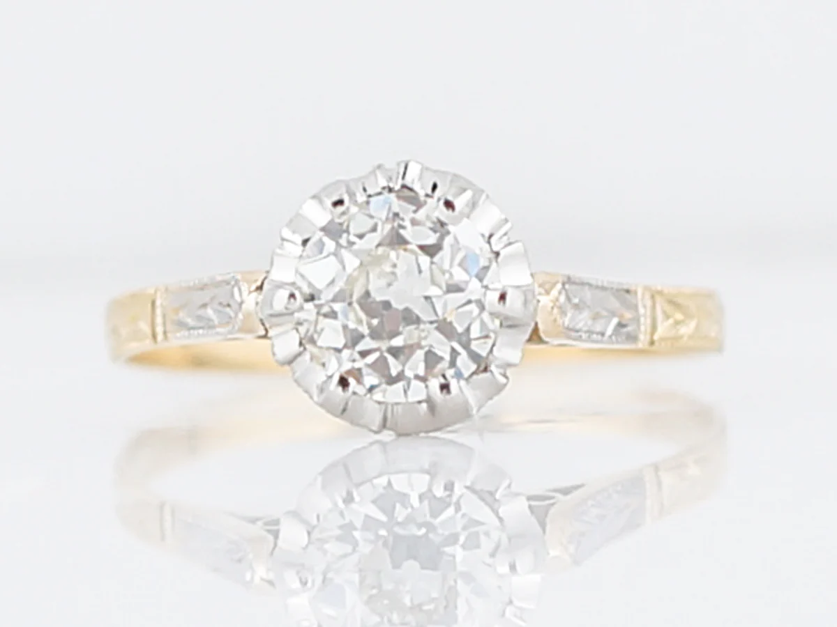 Antique Engagement Ring Art Deco .83 Old European Cut Diamond in 14k White & Yellow Gold