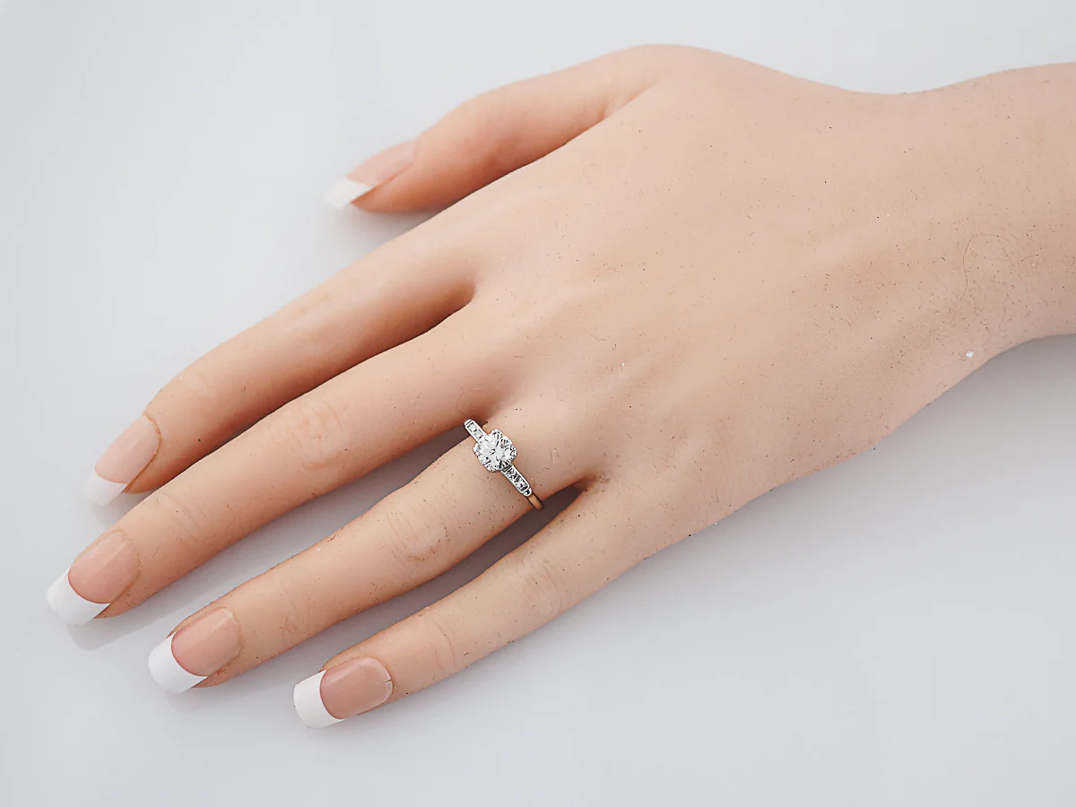 Antique Engagement Ring Art Deco .75 Round Brilliant & French Cut Diamonds in Platinum - Image 8