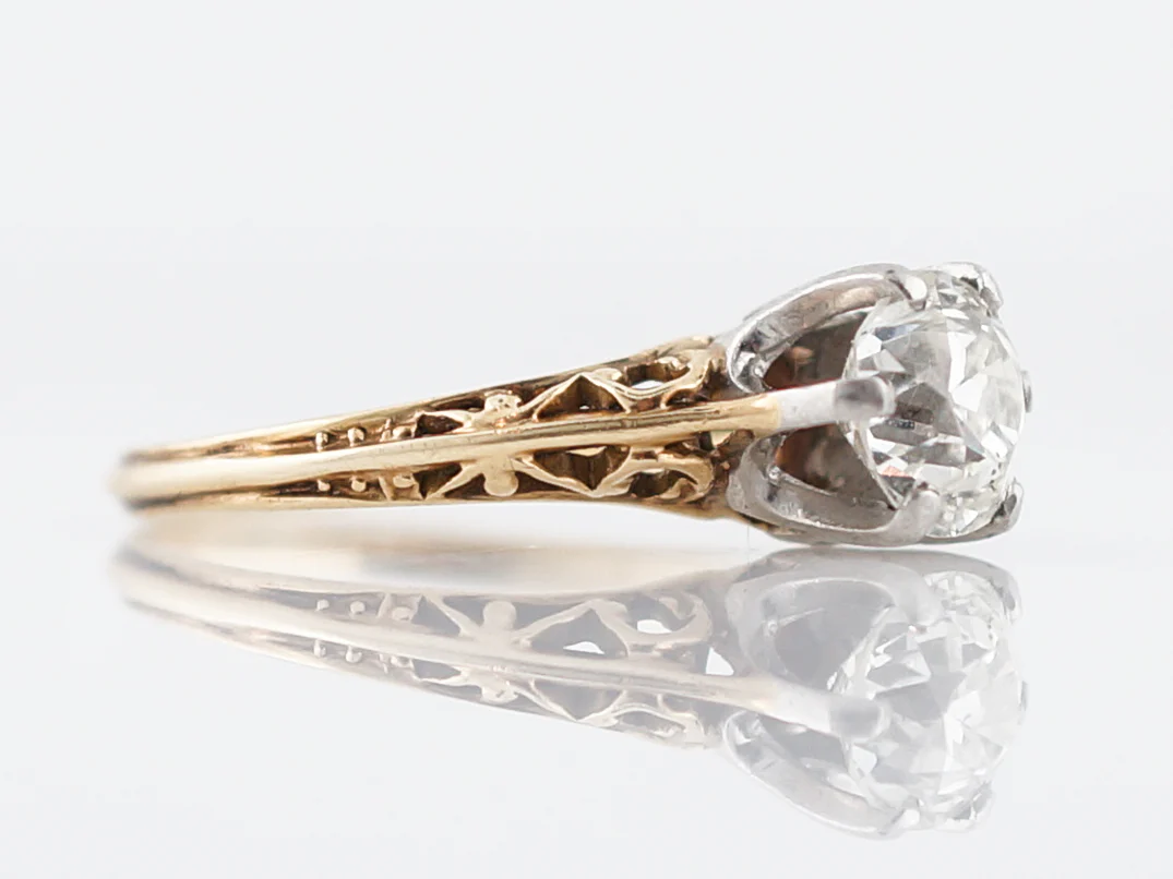Antique Engagement Ring Art Deco .93 Old European Cut Diamond in 14k Yellow Gold & Platinum - Image 3