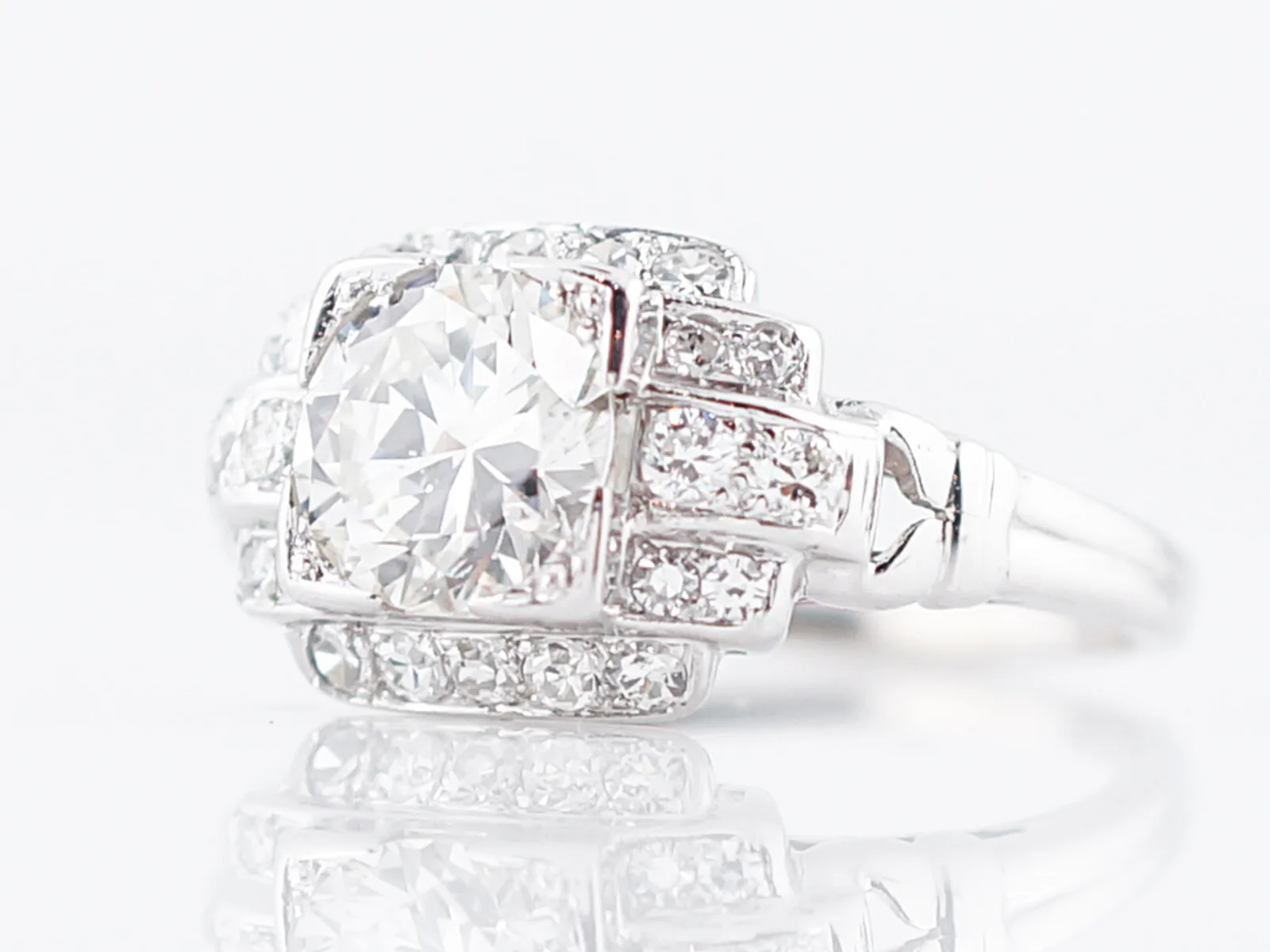 Antique Engagement Ring Art Deco .99 Round Brilliant Cut Diamond in 18k White Gold