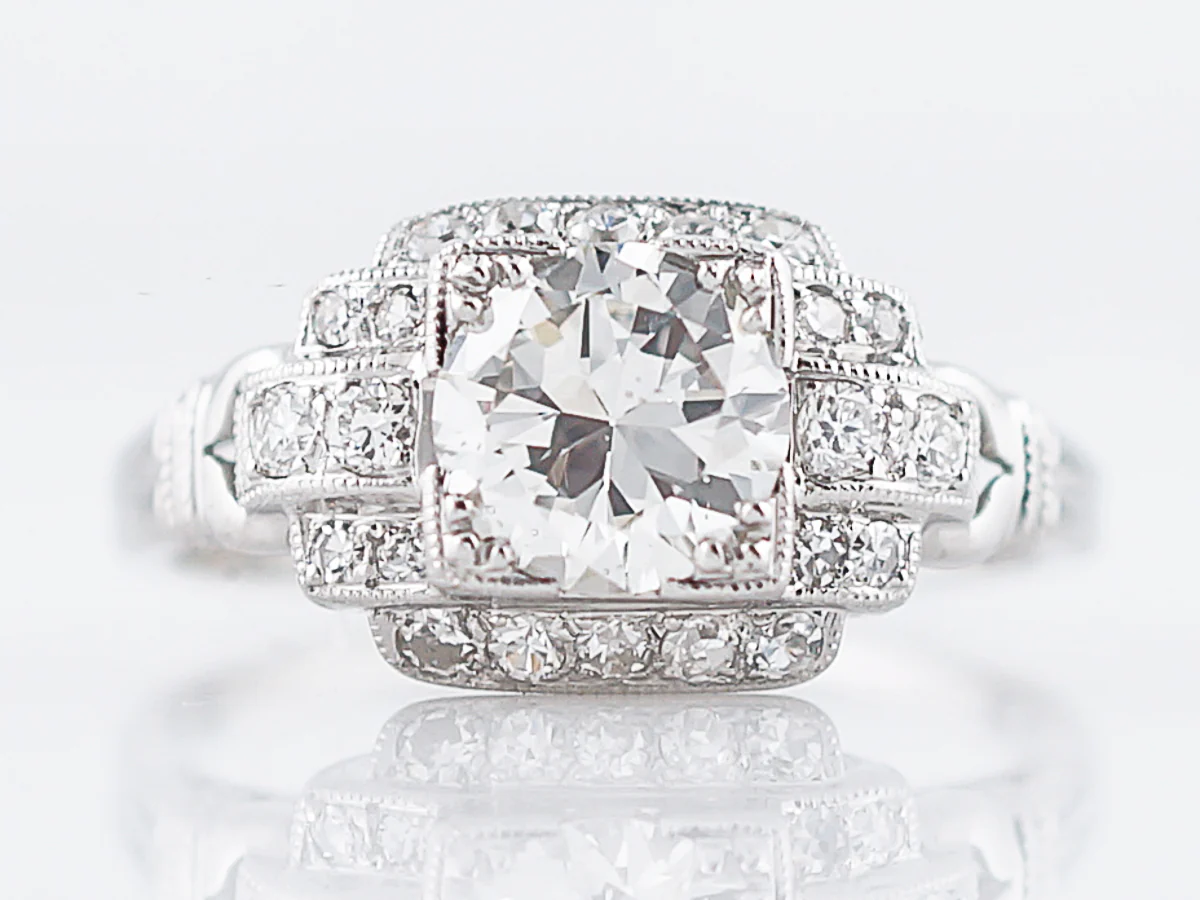 Antique Engagement Ring Art Deco .99 Round Brilliant Cut Diamond in 18k White Gold