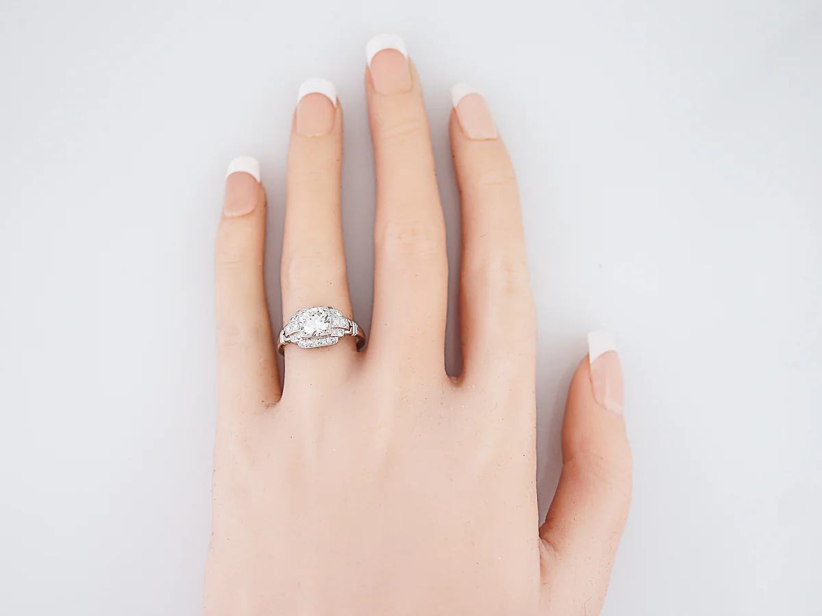 Antique Engagement Ring Art Deco .99 Round Brilliant Cut Diamond in 18k White Gold - Image 7
