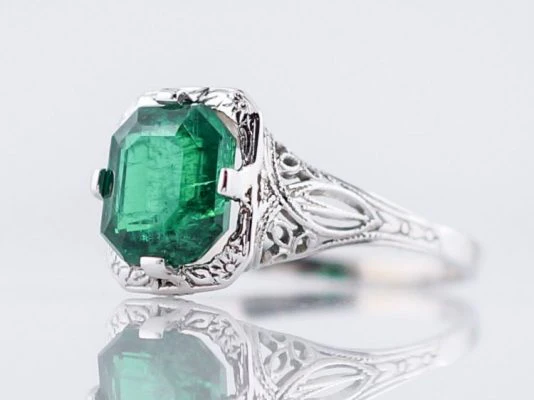 Antique Engagement Ring Art Deco 1.93 Modified Corner Step Cut Emerald in 14k White Gold - Image 2