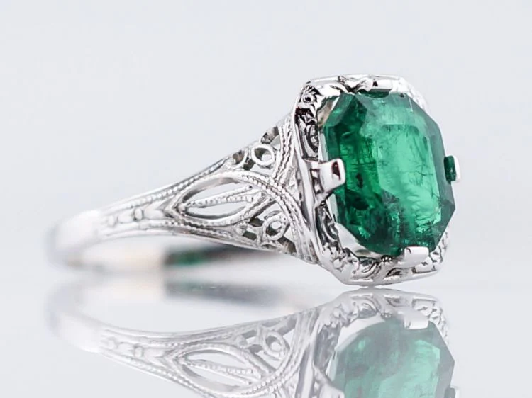 Antique Engagement Ring Art Deco 1.93 Modified Corner Step Cut Emerald in 14k White Gold - Image 3