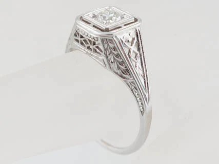 Antique Engagement Ring Edwardian / Art Deco .30 Old European Cut Diamond in 18k White Gold - Image 5