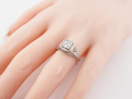 Antique Engagement Ring Edwardian / Art Deco .30 Old European Cut Diamond in 18k White Gold - Image 7