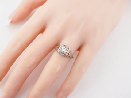 Antique Engagement Ring Edwardian / Art Deco .30 Old European Cut Diamond in 18k White Gold - Image 8